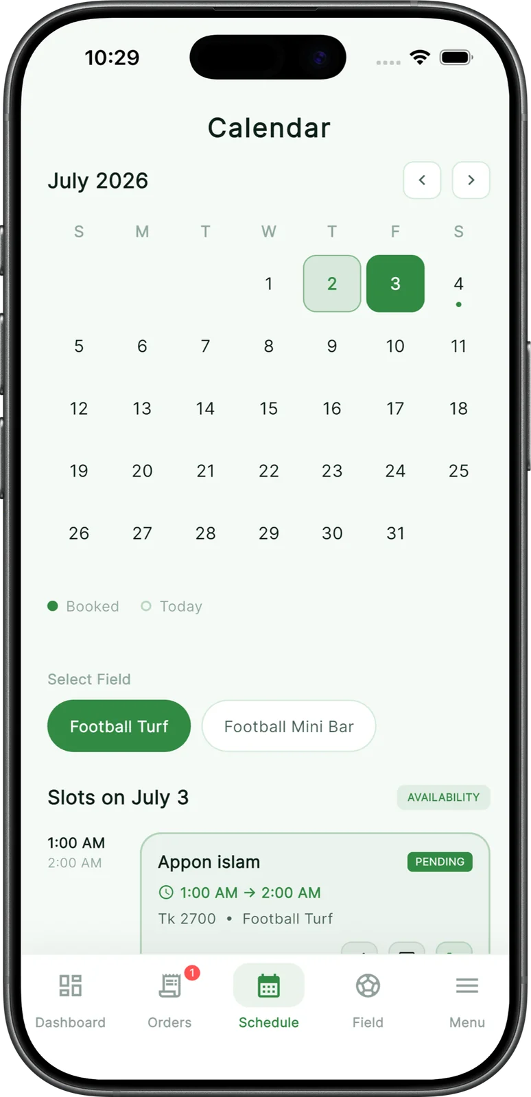 TurfPlay App - Booking Schedule & Slots